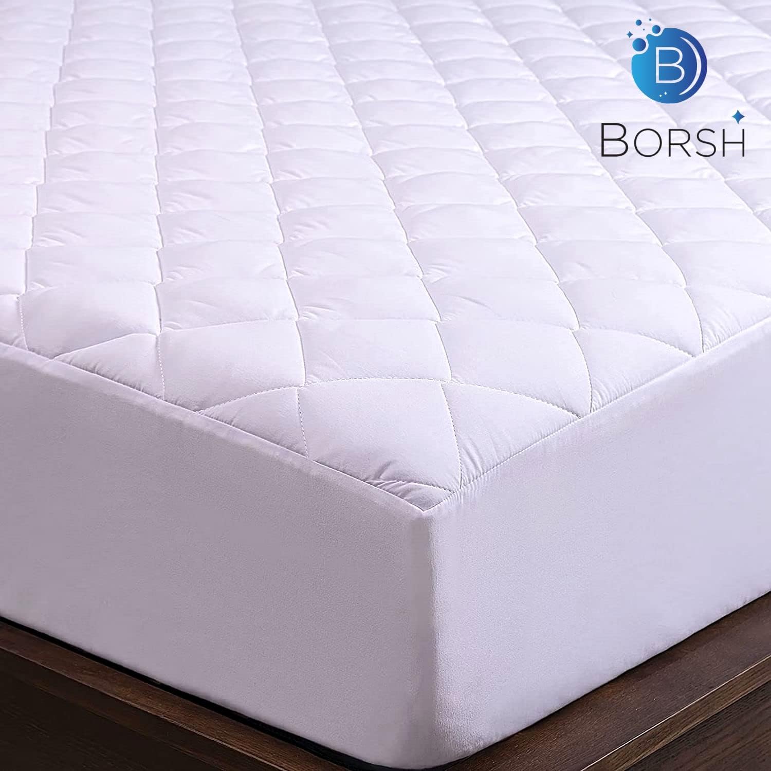 BORSH Quilted Fitted Mattress Pad (Queen,KING, CAL KING White) - Ultra Soft Cooling & Breathable Mattress Cover, Elastic Fitted Mattress Protector - Machine Washable Mattress Topper - 60" X 80", 15" Deep