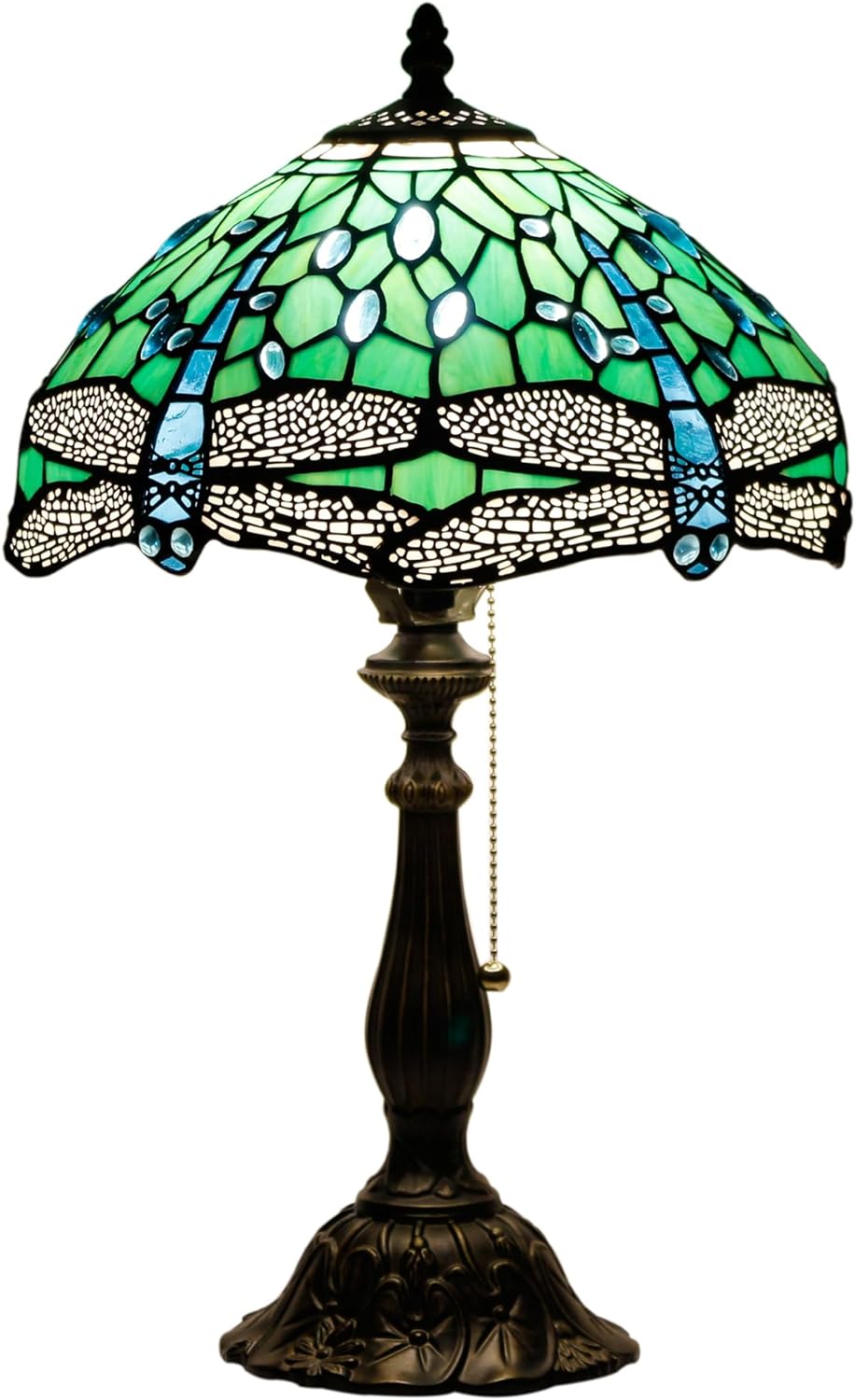 Tiffany Table Lamp Stained Glass Lamp 12X12X19 Inch Antique Reading Light (Green Dragonfly)