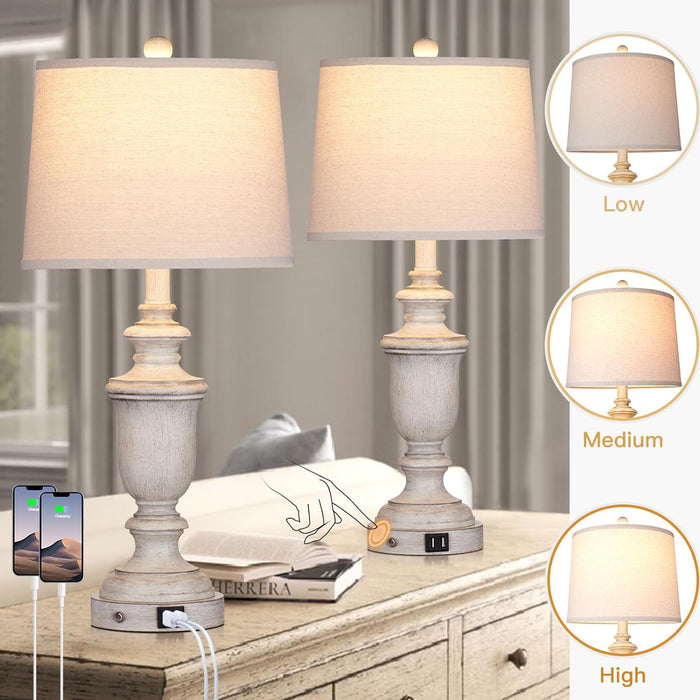 Cinkeda Farmhouse Table Lamps Set of 2 with USB Charging Port for Rustic Living Room Retro Bedroom,3-Way Dimmable Touch Lamp Resin Bedside Lamps for Nightstand Side End Table,Color 2