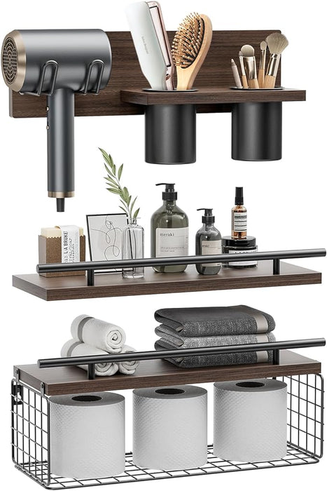 Bathroom Floating Shelves Wall Mounted with Hair Dryer Holder