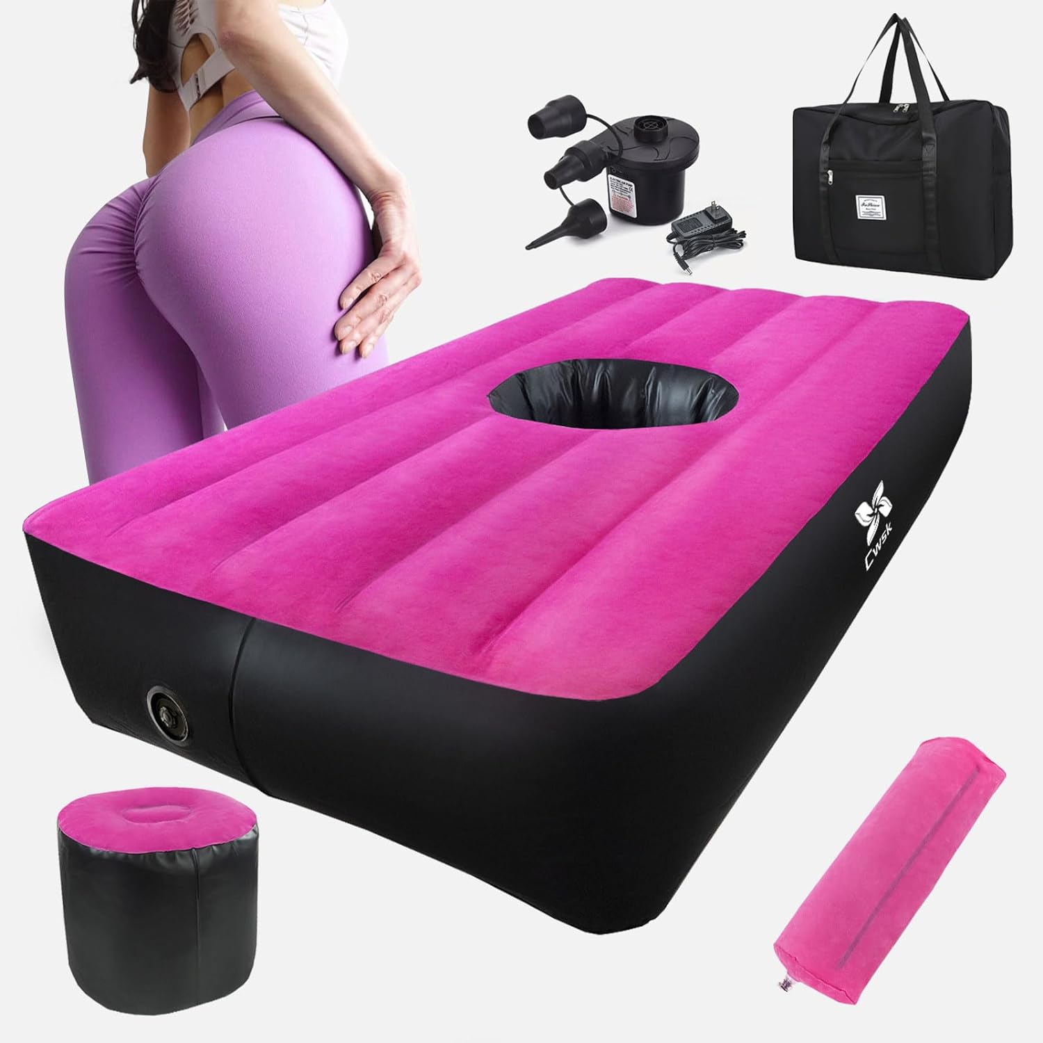 Cwsk BBL Bed Mattress-Post Surgery Supplies Inflatable BBL Bed with Hole After Surgery Recovery Flocked Top Brazilian Butt Lift Pillow with Air Pump for Sitting Sleeping