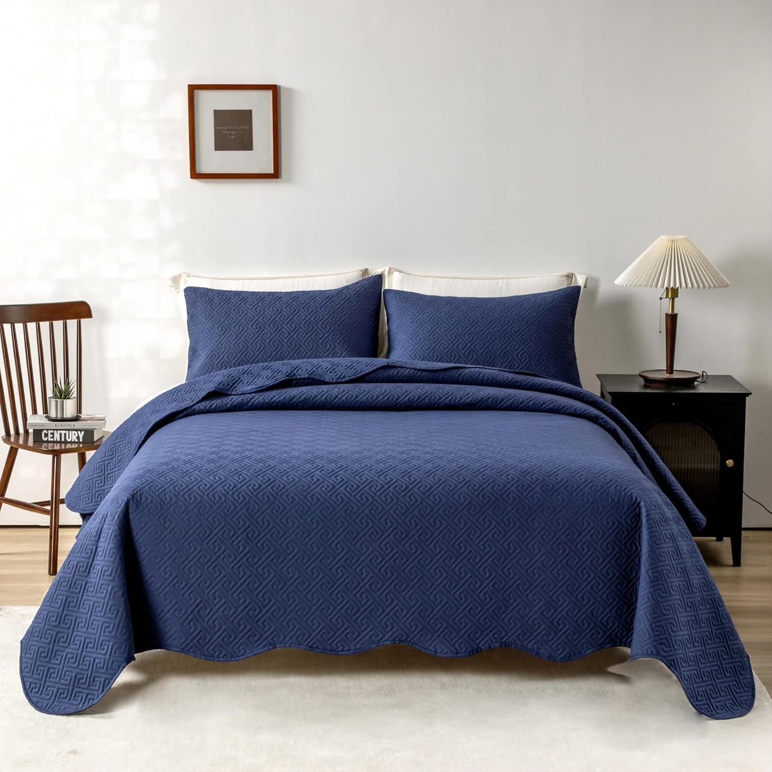 SubcosY Quilt Set King Size Navy Blue 3 Piece, Lightweight Soft Bedspread Labyrinth Lattice Pattern Bed Decor Coverlet Sets for All Season(106"x96")