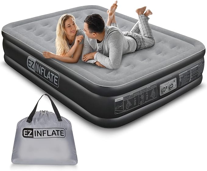 EZ Inflate Air Mattress with Built in Pump Queen Size Double-High Inflatable Mattress with Flocked Top Easy Inflate, Waterproof, Portable Blow Up Bed for Camping & Travel