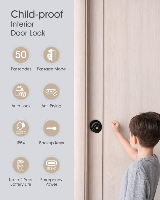 Door Knob with Keypad Lock Interior Keyless Child Proof Electronic Pin Code Door Knob 5s Auto-Lock for Bedroom Apartment Garage Office Security Matte Black