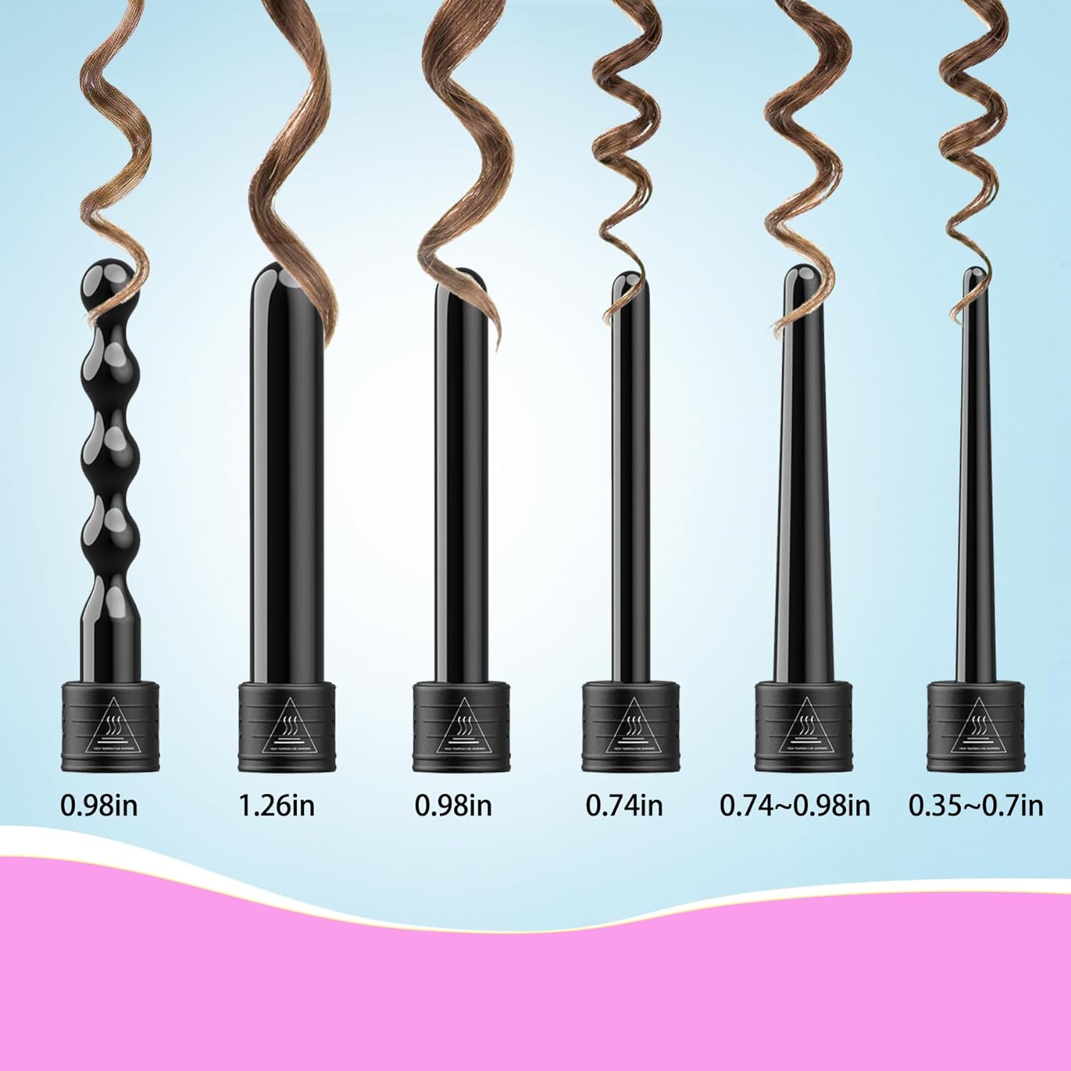 6 in 1 Curling Iron Set, Multi-Functional Curling Iron 0.35 to 1.26 inch Interchangeable Ceramic Hair Tubes, Includes Heat Resistant Gloves, Suitable for All Hair Types, 6 Different Sizes, Good Gift Item