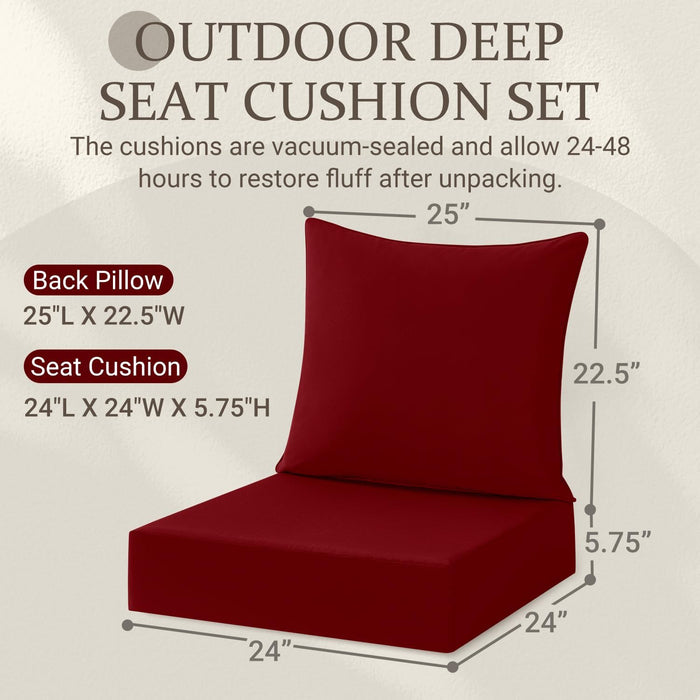 downluxe Outdoor Deep Seat Cushions Set, Waterproof Memory Foam Patio Furniture Cushions with Zipper for Outdoor Chair Sofa, 24" x 24", Burgundy, 2 Piece Set