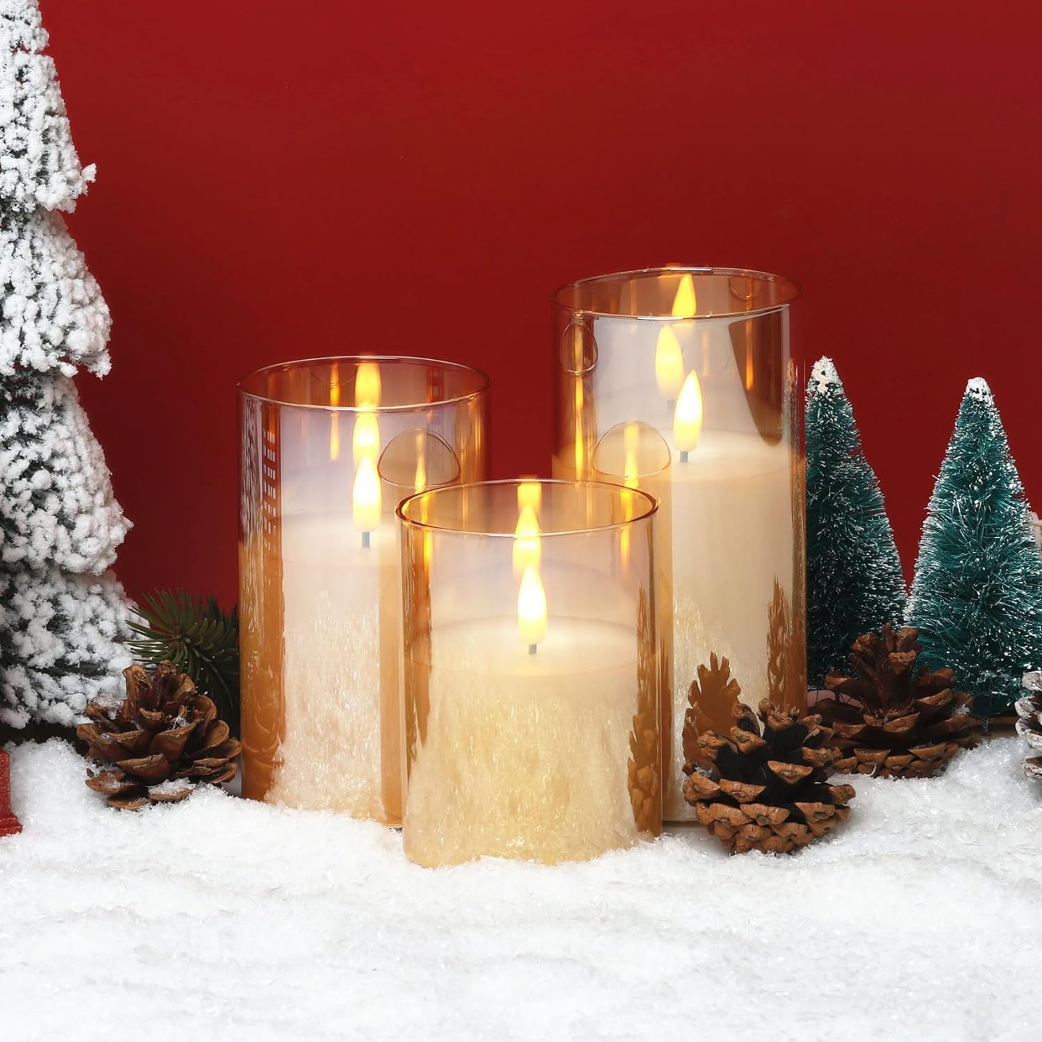 Eywamage Glass Flameless Candles with Remote Flickering Real Wax Wick LED Pillar Candles Battery Operated 3 Pack D 3 inch H 4 inch 5 inch 6 inch Gold