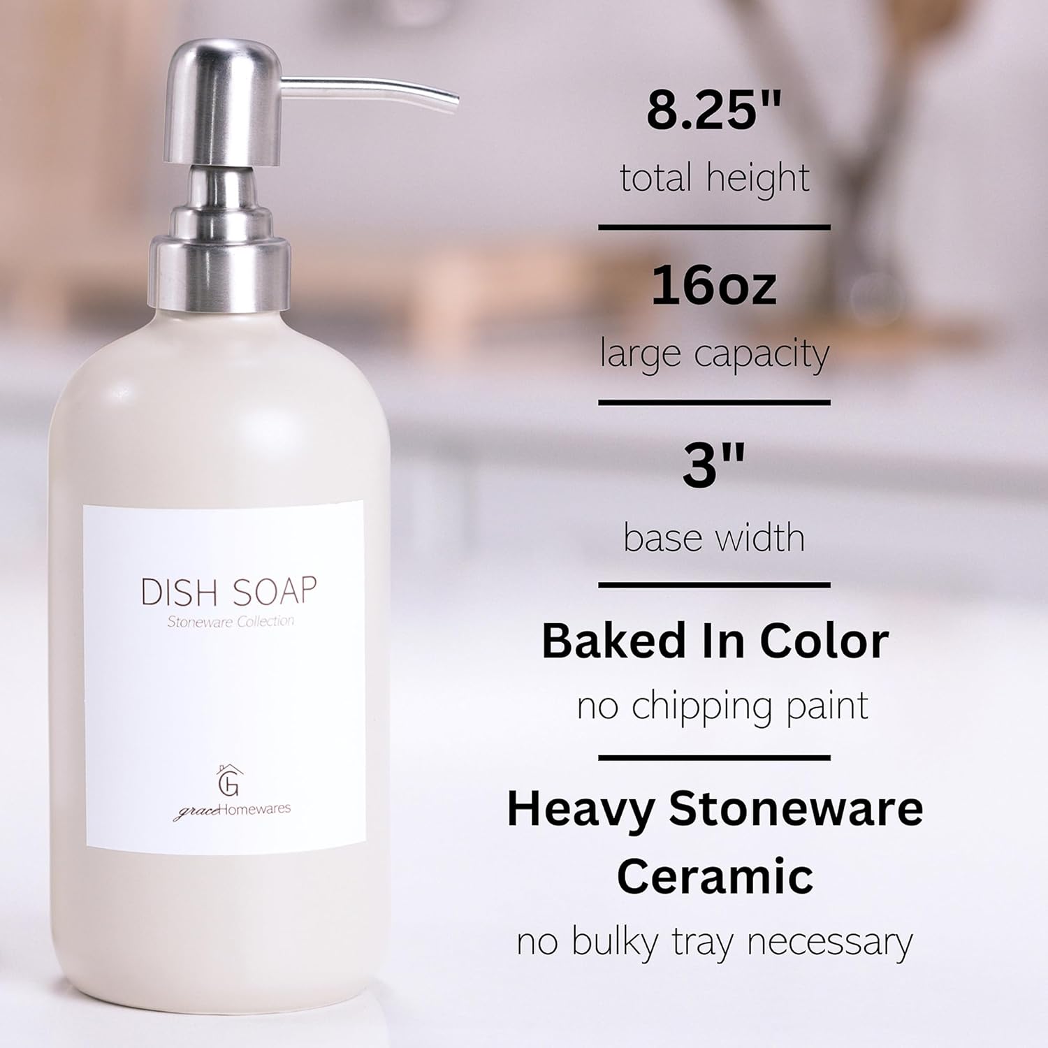 GraceHomewares Stoneware Ceramic Dish Soap Dispenser for Kitchen Sink | Kitchen Soap Dispenser Set | Soap Holder Bathroom Hand Soap Dispenser | Waterproof Labels | 2 Pack | Warm Grey w/Silver Pump