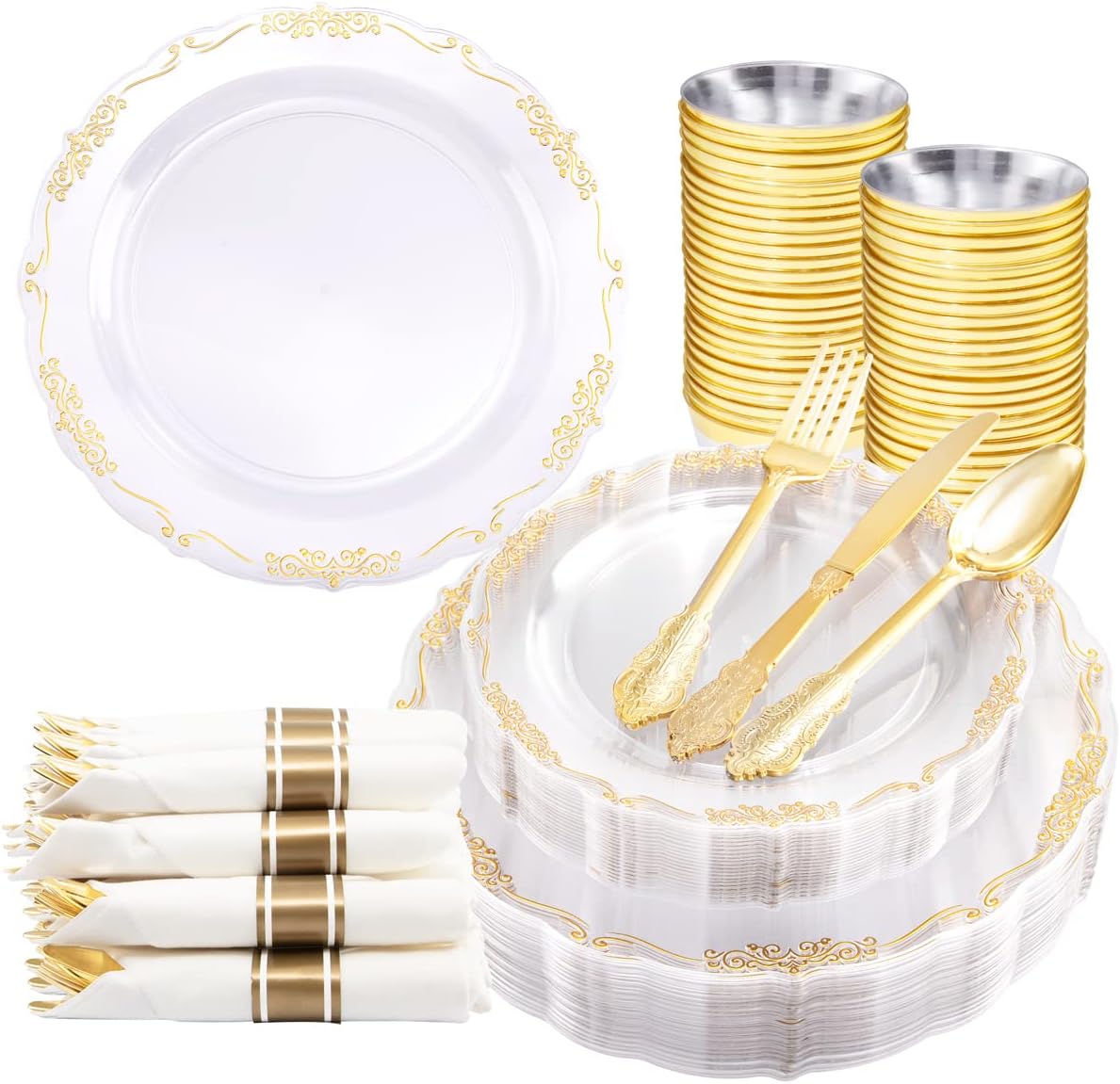 175 Pcs Gold Plastic Plates with Silverware and Cups, Clear Gold Disposable Dinnerware Includes: 25 Dinner Plates 10.25", 25 Dessert Plates 7.5", 25 Cups, 25 Per Rolled Napkins with Cutlery