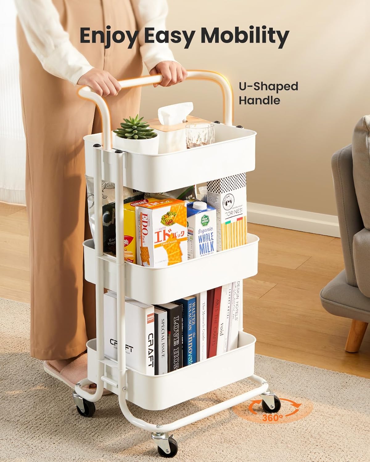 3-Tier Rolling Utility Cart, Multifunctional Metal Organization Storage Cart with 2 Lockable Wheels for Office, Home, Kitchen, Bedroom, Bathroom, Laundry Room by Pipishell (White)