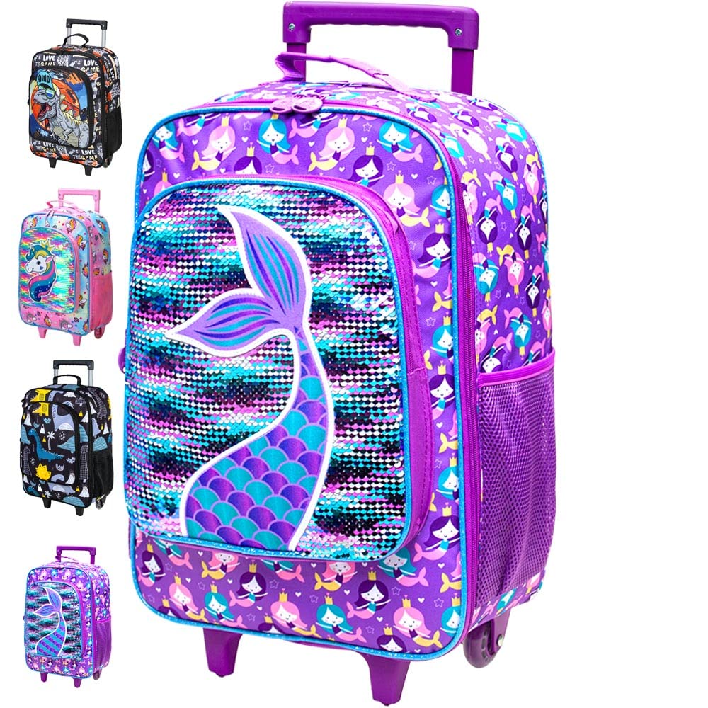 AGSDON Kids Suitcase for Girls, Cute Mermaid Rolling Luggage Wheels for Children Toddler