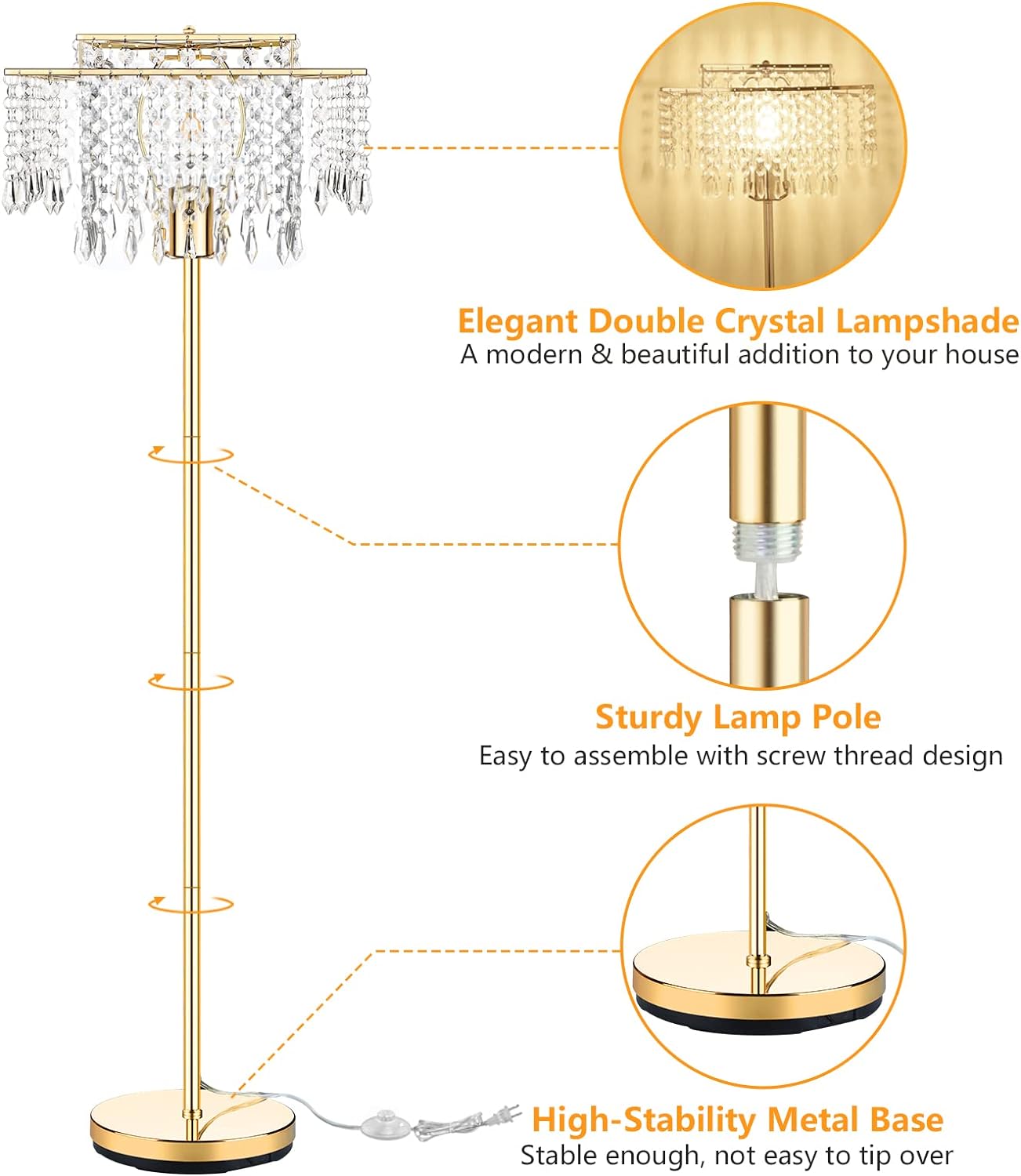 Mlambert Double Layer Lampshade Crystal Floor Lamp for Bedroom,Floor Lamp for Livingroom,Elegant Standing Lamp,61.57" Pole Lamp,Modern Floor Lamp,Gold