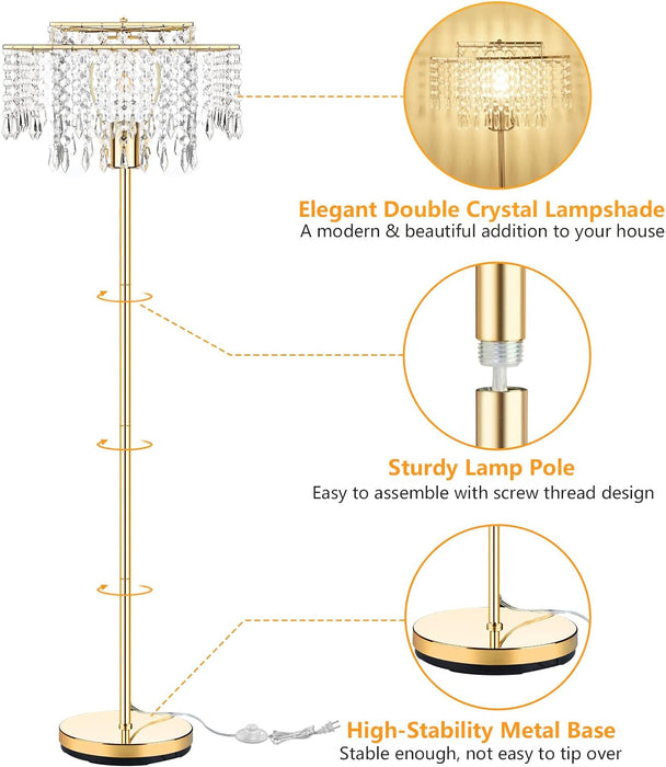 Mlambert Double Layer Lampshade Crystal Floor Lamp for Bedroom,Floor Lamp for Livingroom,Elegant Standing Lamp,61.57" Pole Lamp,Modern Floor Lamp,Gold