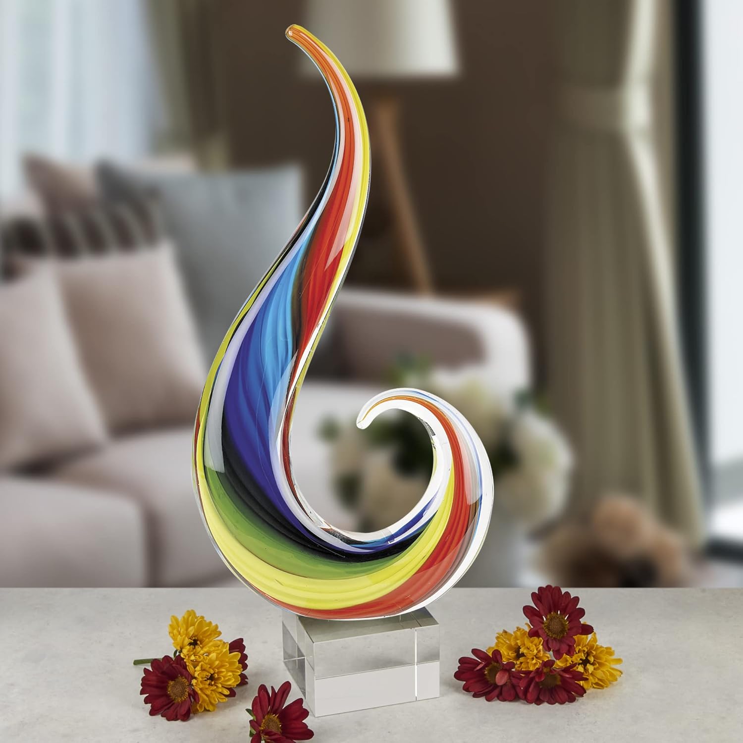 Murano Style Mouth Blown richly Colored Art Glass Rainbow Note Centerpiece is 12" Tall and Stands on a Crystal Base - by Badash