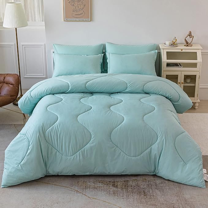 PY HOME & SPORTS Queen Size Comforter Set 7 Pieces, Down Alternative Lightweight Bedding Comforter with Pillow Sham, Pillowcase, Flat Sheet, Fitted Sheet (Light Blue, 90 x 90 Inch)