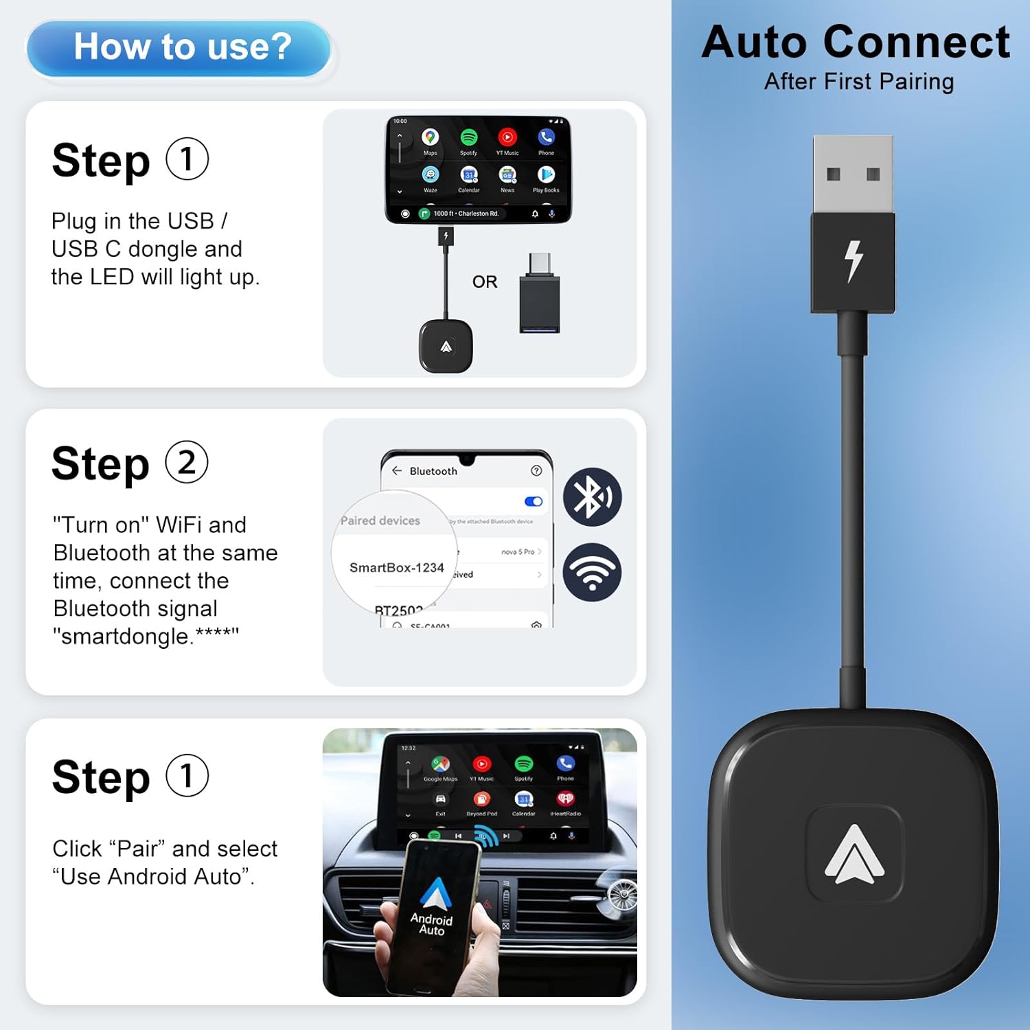 Android Auto Wireless Adapter, Android Auto, Wireless Android Auto for OEM Factory Wired Android Auto Cars Plug & Play Easy Setup,Converts Wired Android Auto to Wireless.