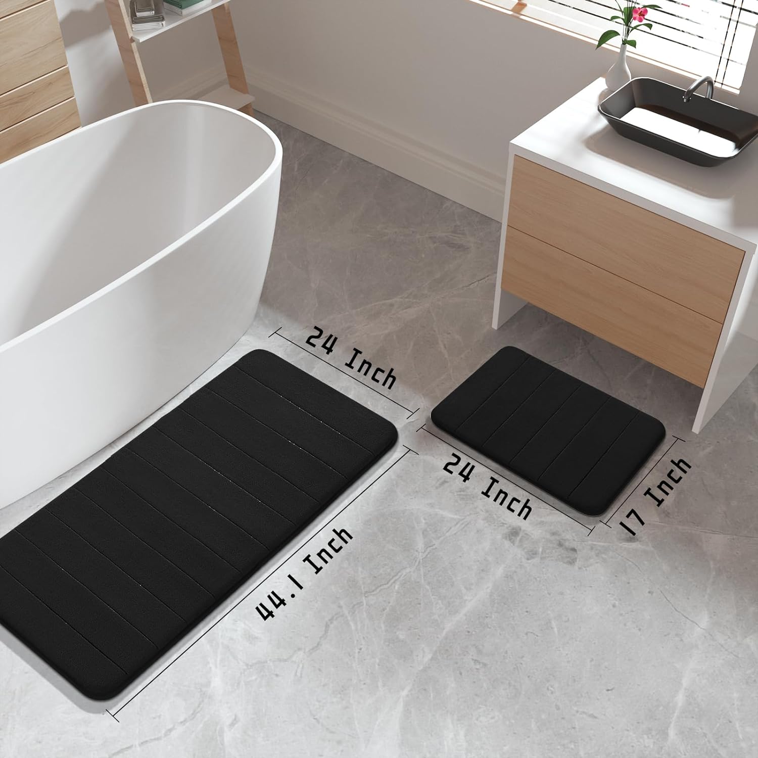 Yimobra Large Memory Foam Bath Mat 2 Pieces Set, Non Slip - Super Water Absorption Soft Bathroom Mat Rug, Thick, Dry Fast, Machine Washable for Bathroom Floor Rugs, 44.1 x 24 + 24 x 17 Inch, Black