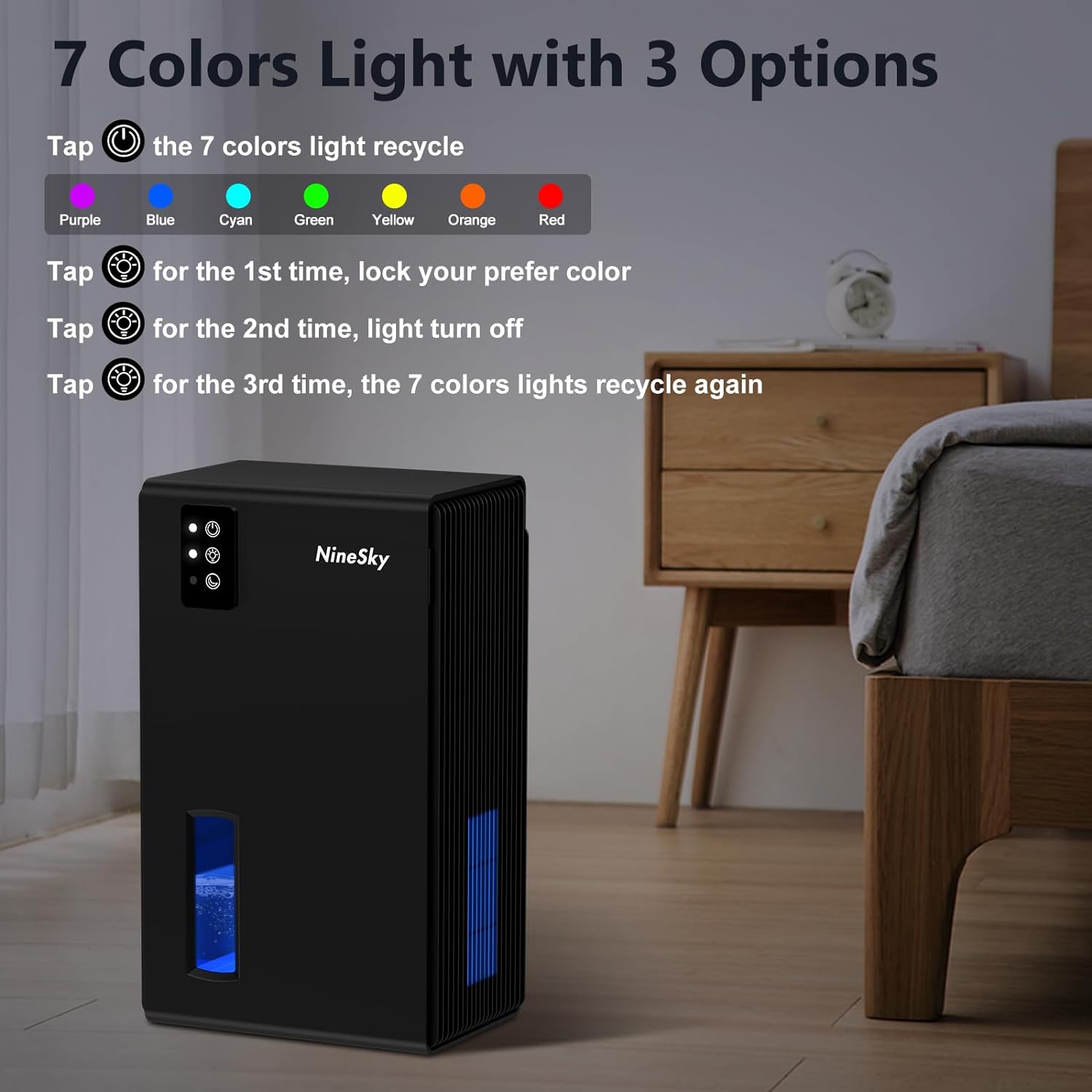 NineSky Dehumidifier for Home, 95 OZ Water Tank, (800 sq.ft) Dehumidifiers for Bathroom, Bedroom with Auto Shut Off, 7 Colors LED Light (Black)