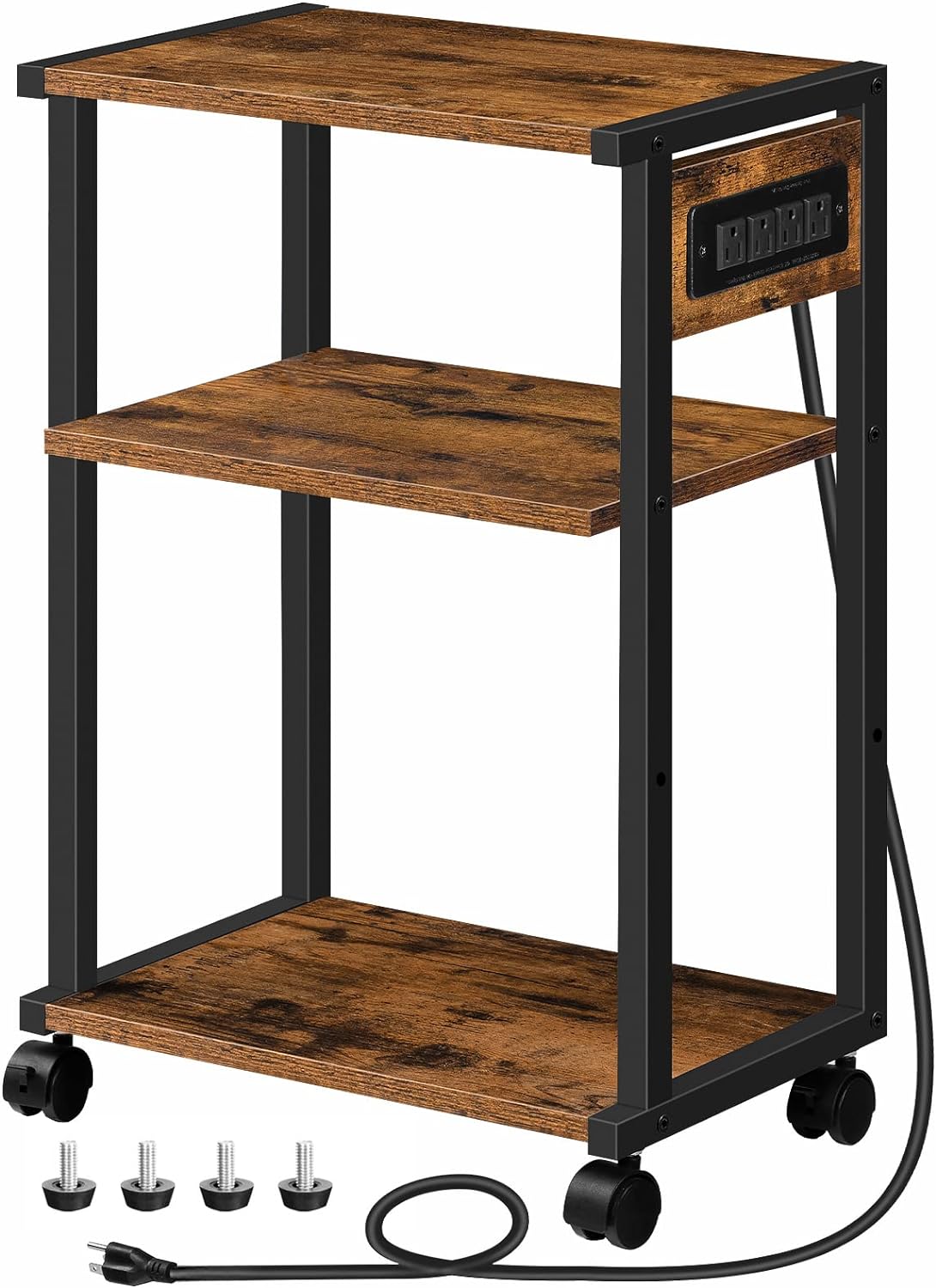 HOOBRO Industrial Printer Stand with Charging Station, 3-Tier Printer Table, Rolling Printer Cart with Adjustable Shelf and Hook, Rustic Brown and Black BF28UPS01