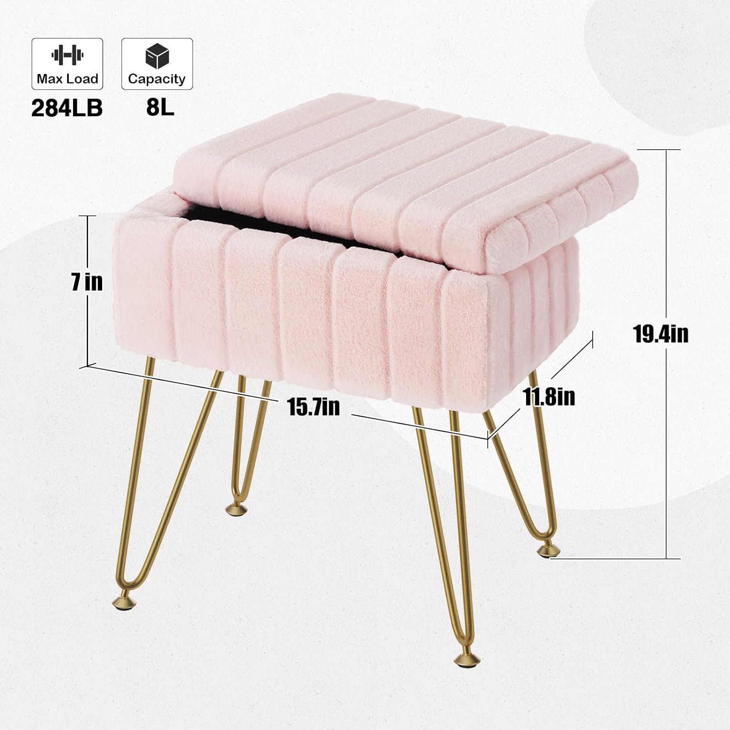 Greenstell Vanity Stool Chair Faux Fur with Storage, 19.4" H x 15.7" L x 11.8" W Soft Ottoman 4 Metal Legs with Anti-Slip Feet, Furry Padded Seat, Modern Multifunctional Chairs for Makeup, Bedroom