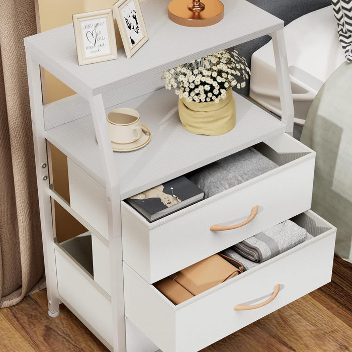 Furnulem White Nightstand with 3 Drawers and 2-Tier Shelf, Small Night Stand End Table Side Furniture, Fabric Storage Organizer for Bedroom, Closet, Hallway, Nursery, Sturdy Steel Frame, Wood Top
