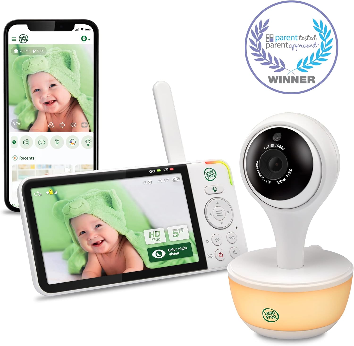 LeapFrog LF815HD - 1080p WiFi Remote Access Video Baby Monitor with 5” High Definition 720p Display, Night Light, Color Night Vision, (White), One Size