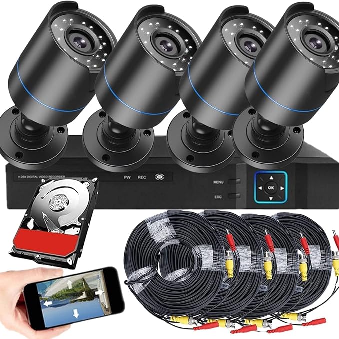 4CH AHD Wired DVR Video Security Camera System Built in 512GB Hard Disk, Night Vision with 4 * 1080P HD Waterproof Bullet Cameras Indoor/Outdoor CCTV Surveillance Camera with 4 * 60cm BNC Cables