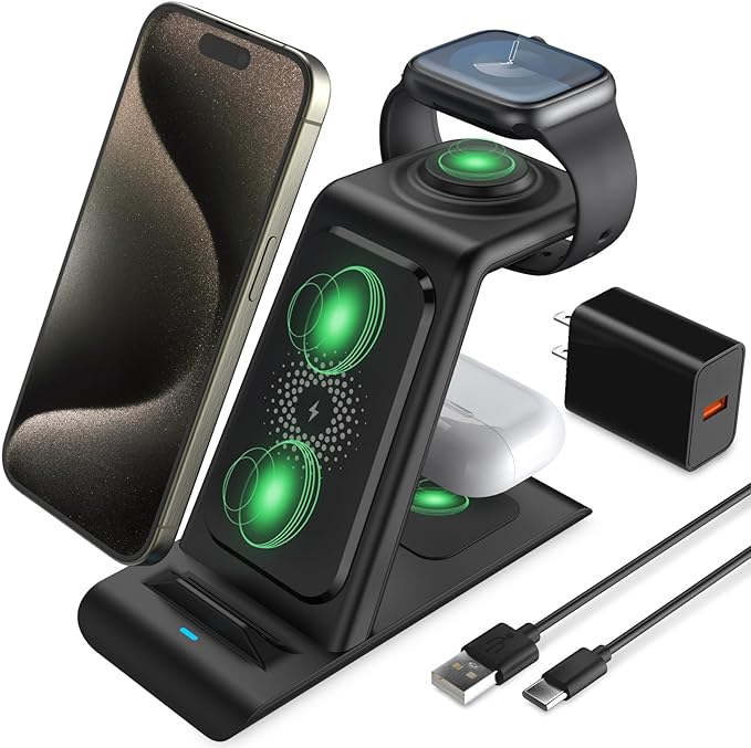 HATALKIN 3 in 1 Wireless Charging Station Compatible with Apple Products Multiple Devices Apple Watch Ultra 2 9 8 SE 7 6 5 4 3 iPhone 15 14 13 12 11 Pro Max/X/XS/AirPods Pro 2 Wireless Charger Stand