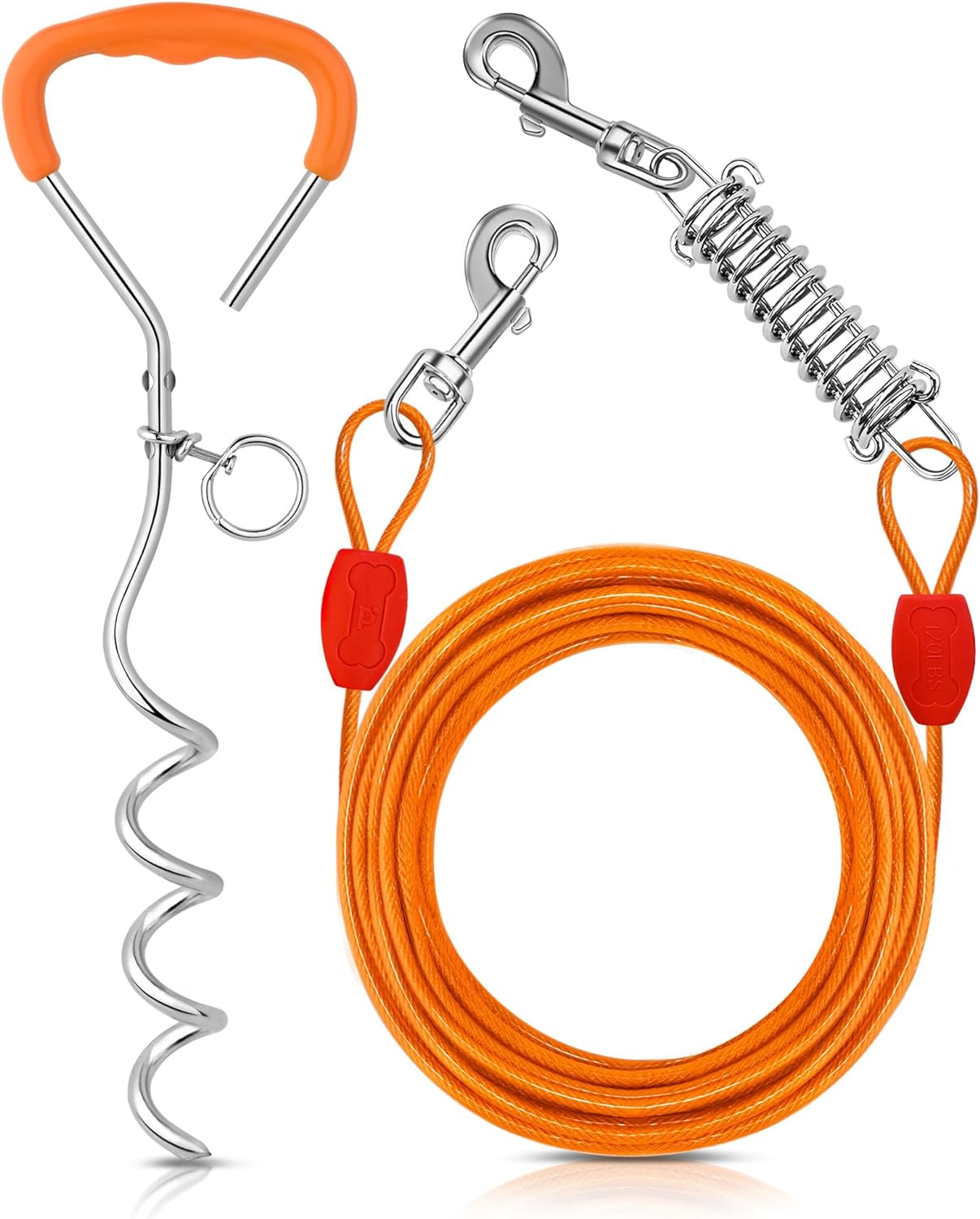 Petbobi Dog Tie Out Cable and Stake - 30ft Heavy Duty Cable with Spring - No Tangle, 16in Ground Stake - Ideal for Yard, Camping, and Beach - Suitable for Medium to Large Dogs Up to 120lbs, Orange