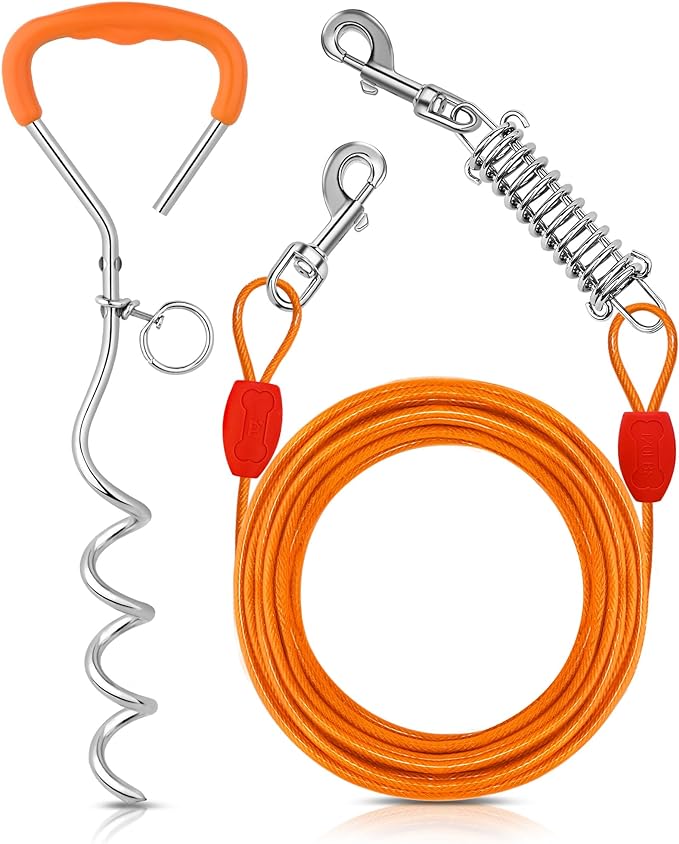 Petbobi Dog Tie Out Cable and Stake - 30ft Heavy Duty Cable with Spring - No Tangle, 16in Ground Stake - Ideal for Yard, Camping, and Beach - Suitable for Medium to Large Dogs Up to 120lbs, Orange