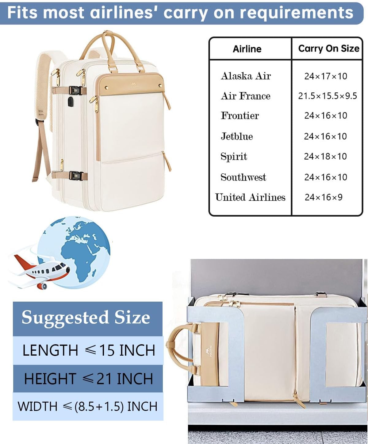 MATEIN Travel Backpack for Women, 52L TSA Carry on Backpack with USB Charging Port & Shoes Compartment, 17 Inch Extra Large Expandable Flight Approved Laptop Computer Bag with 2 Packing Cubes, Beige