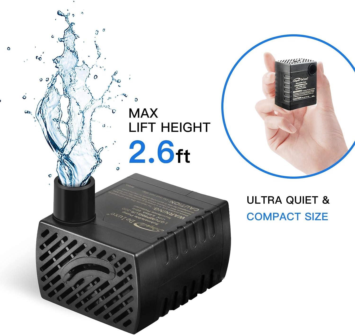 Simple Deluxe 80 GPH Submersible Pump with Adjustable Intake & 6' Waterproof Cord for Hydroponics, Aquaponics, Fountains, Ponds, Statuary, Aquariums & more