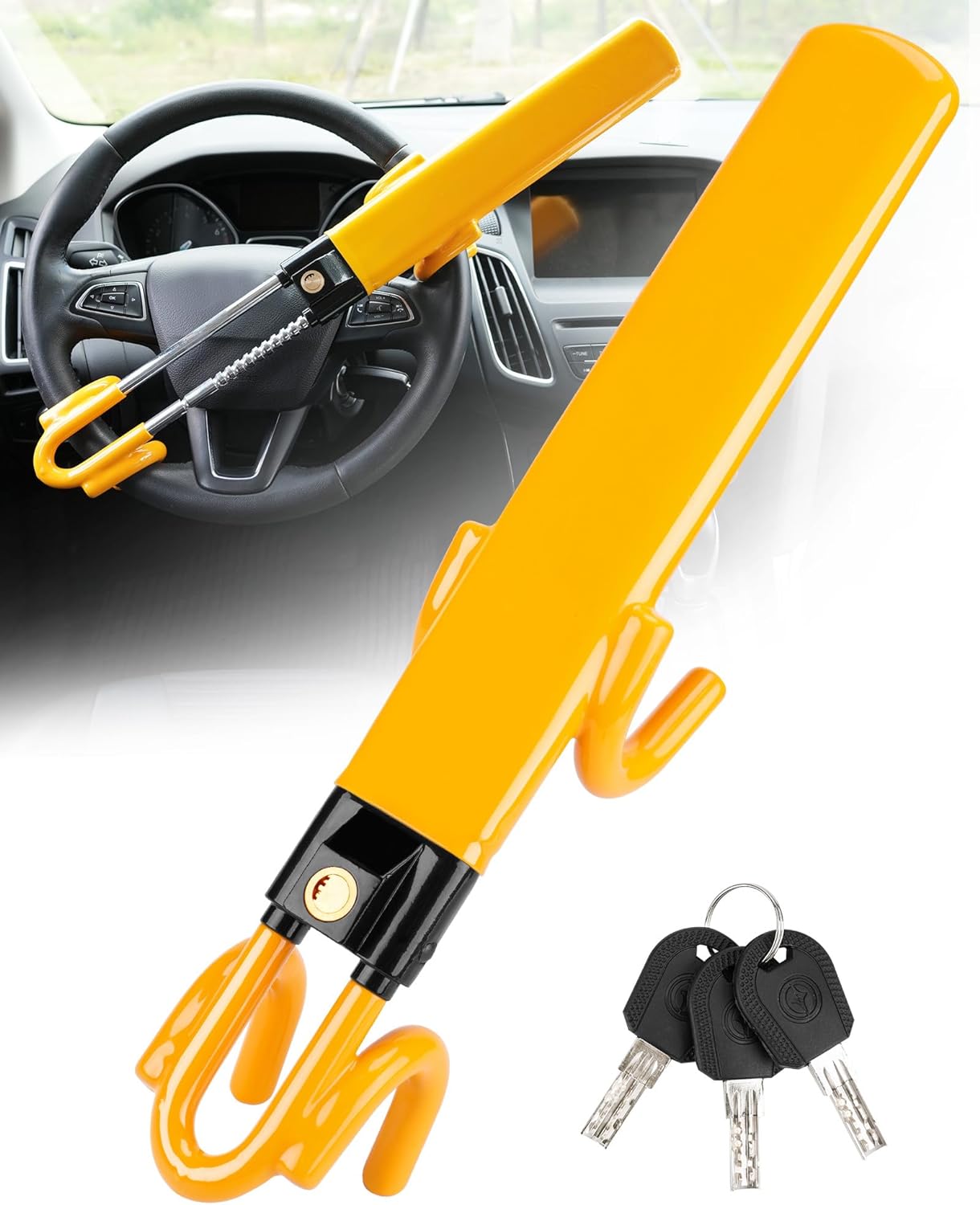 Tevlaphee Steering Wheel Lock Anti-Theft Car Device Heavy Duty Security Car Lock Antitheft Locking Devices Great Deterrent Adjustable Car Wheel Lock Anti Theft for Vehicle Truck with 3 Keys(Yellow)