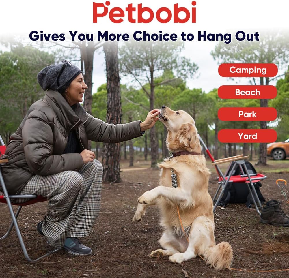 Petbobi Dog Tie Out Cable and Stake - 30ft Heavy Duty Cable with Spring - No Tangle, 16in Ground Stake - Ideal for Yard, Camping, and Beach - Suitable for Medium to Large Dogs Up to 120lbs, Orange