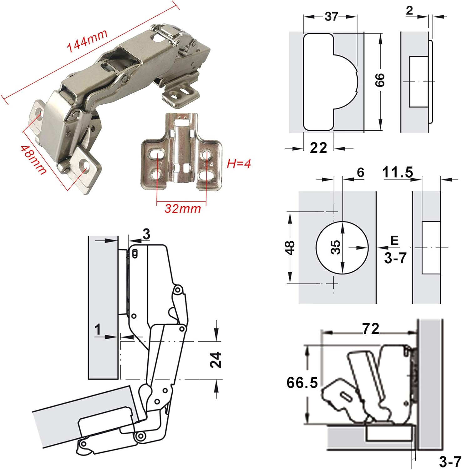 LIKERAINY 165-175 Degree Inset Hinges 35mm with Damper Soft Closing Clip on Assembly Kitchen Cabinet Cupboard Wardrobe Door Hinge Pack of 4