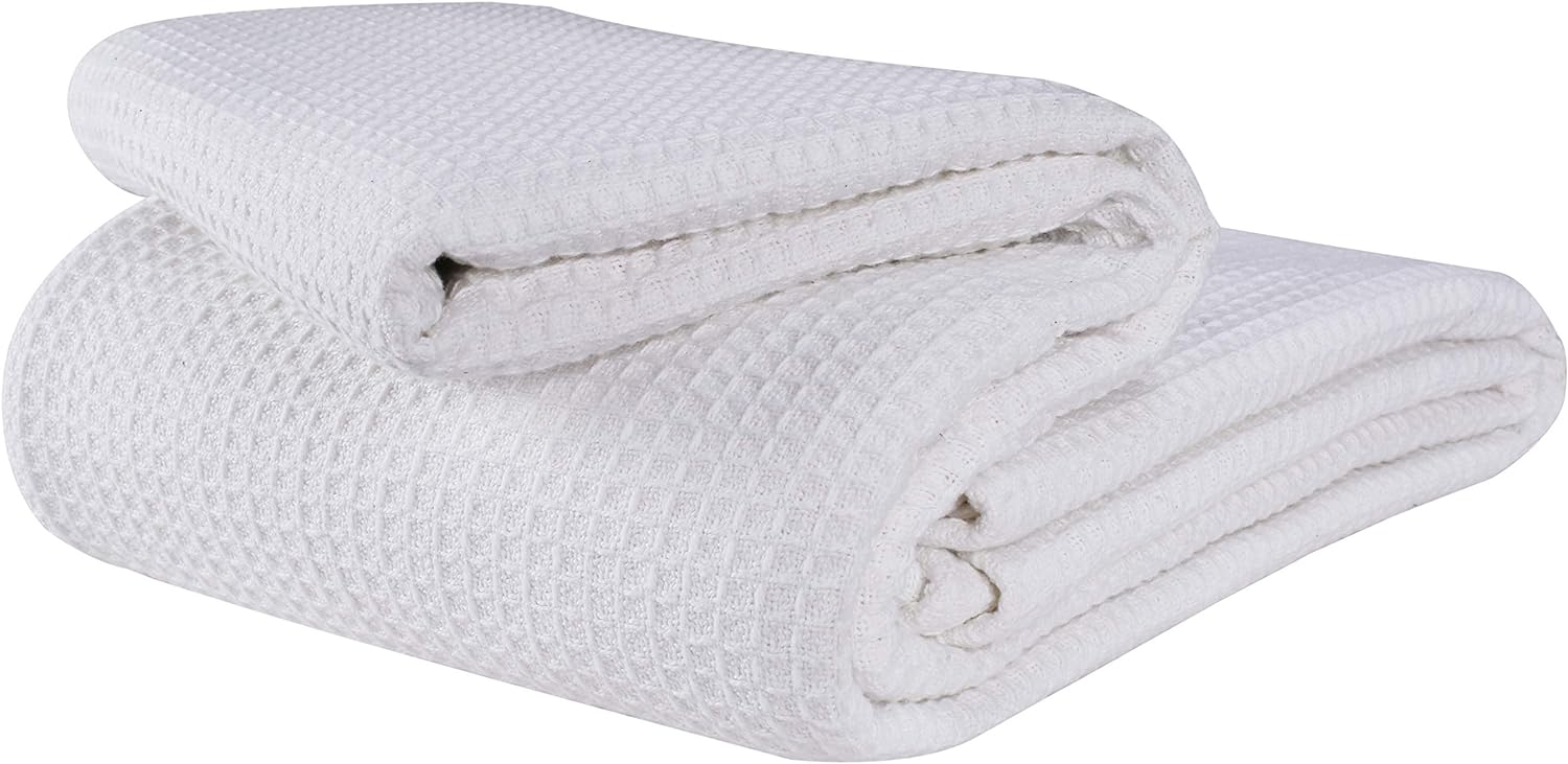 GLAMBURG 100% Cotton Thermal Blanket, Breathable Bed Blanket Queen Size, Soft Waffle Blanket, Queen Blanket, All Season Cotton Blanket, White