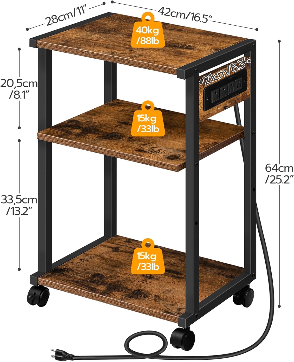 HOOBRO Industrial Printer Stand with Charging Station, 3-Tier Printer Table, Rolling Printer Cart with Adjustable Shelf and Hook, Rustic Brown and Black BF28UPS01