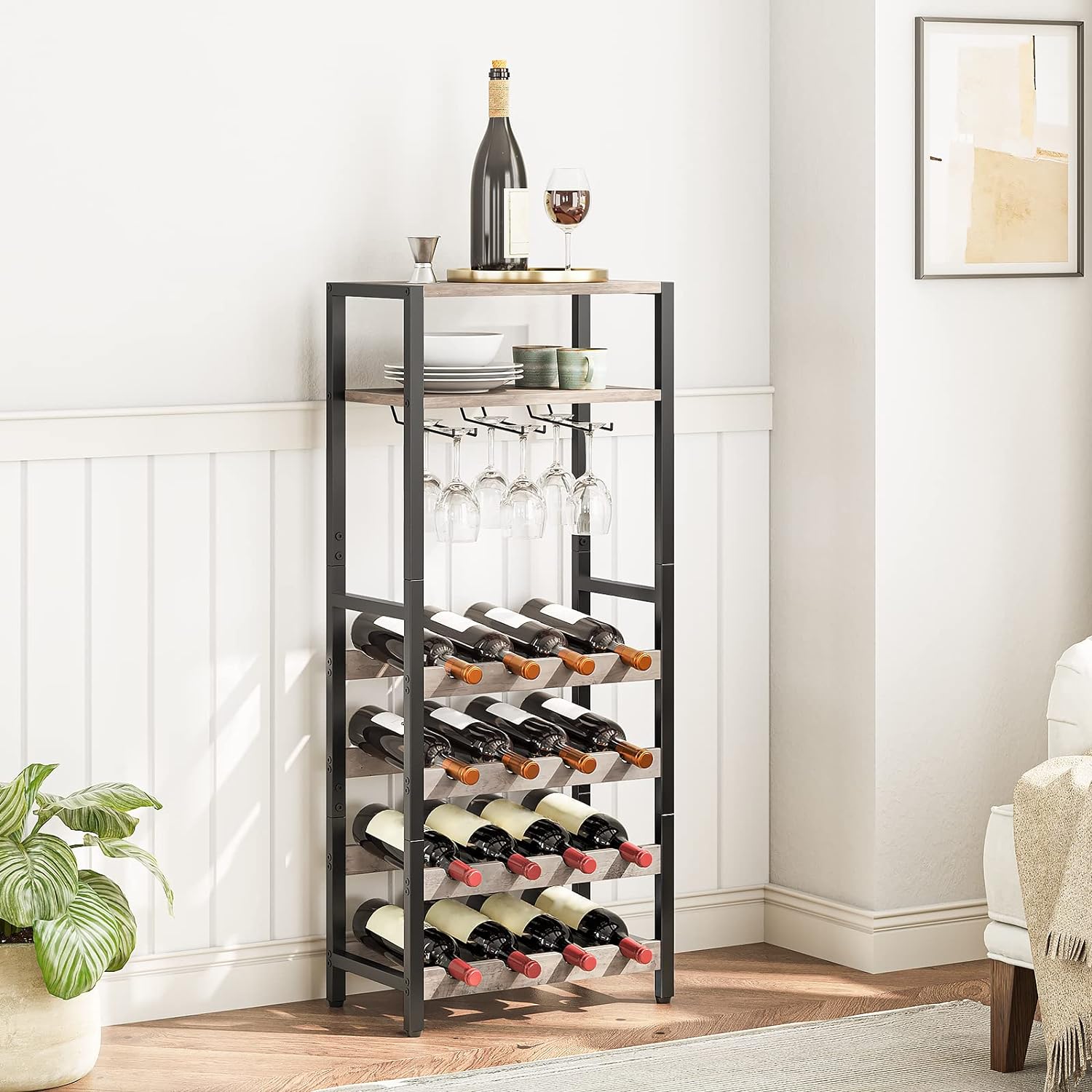 HOOBRO Freestanding Wine Rack, 16-Bottle Wine Storage Rack with Tabletop and Glass Holder, 6-Tier Bar Rack, for Kitchen, Bar, Dining Room, Greige and Black BG04JJ01