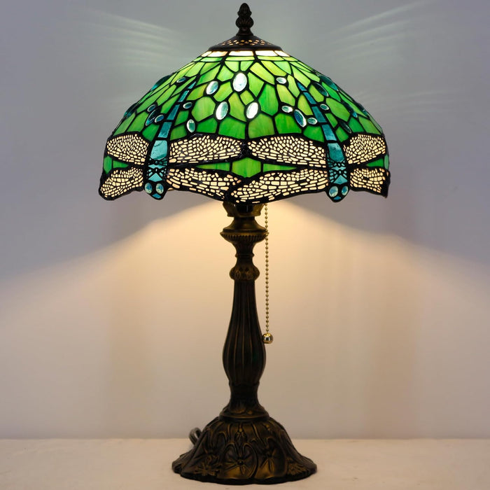 Tiffany Table Lamp Stained Glass Lamp 12X12X19 Inch Antique Reading Light (Green Dragonfly)