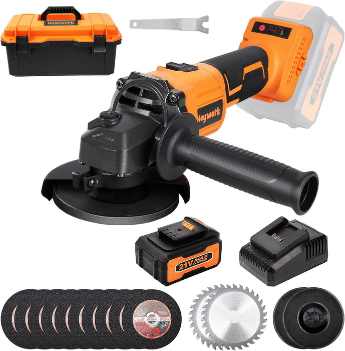 Heywork 21V Cordless Grinder Kit,4" Blade,10000 RPM Brushless Motor Cordless Angle Grinder,4Ah Lithium Ion Battery Grinder & Quick- Charger,2-Position Handle,Cutting and Grinding Wheels