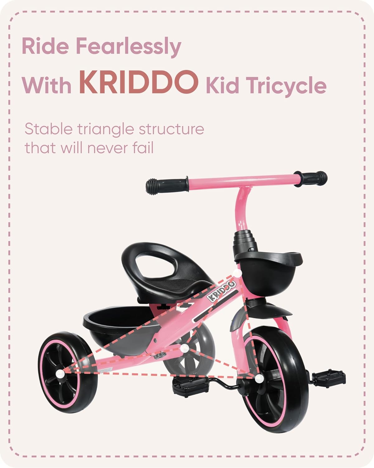 KRIDDO Kids Tricycles Age 24 Month to 4 Years, Toddler Kids Trike for 2.5 to 5 Year Old, Gift Toddler Tricycles for 2-4 Year Olds, Trikes for Toddlers, Pink