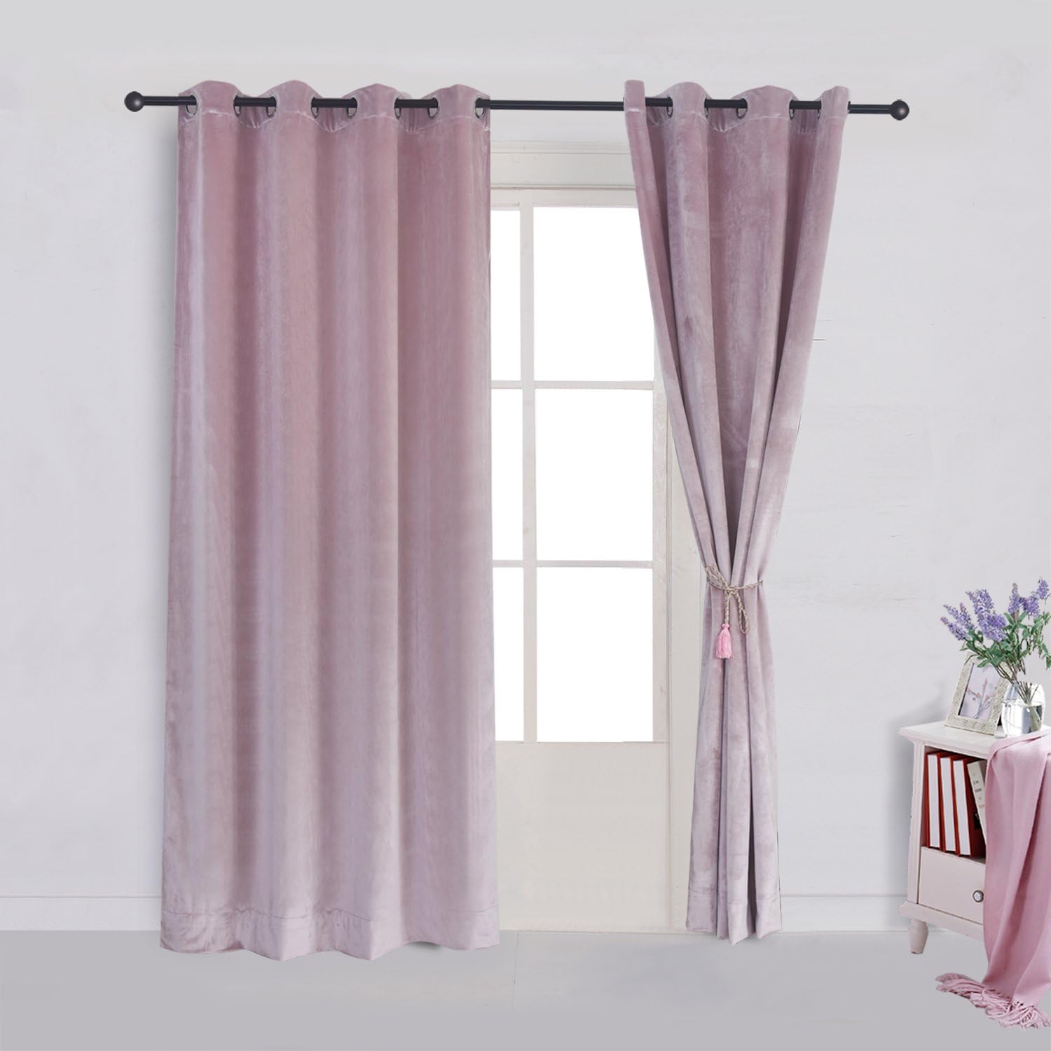 Super Soft Luxury Velvet Curtains Set of 2 Pink Flannel Blackout Drapes Grommet Draperies Eyelet 52Wx108L inch (2 panels) with Tiebacks