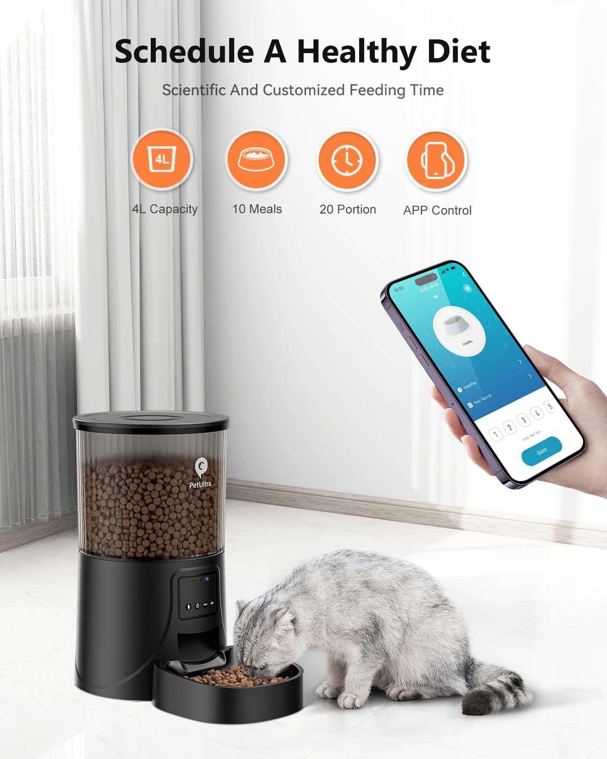 PETULTRA Automatic Cat Feeders WiFi, APP Control Dry Dog Cat Food Dispenser 4L, Timed Auto Pet Feeder Programmable, 10 Meals Per Day, Dual Power Supply, Desiccant Bag, 10s Voice Recorder