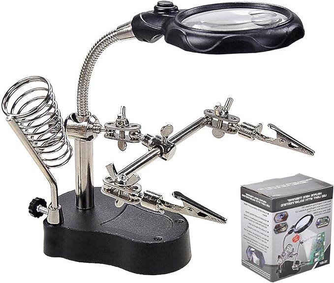 mlogiroa Helping Hands Soldering Station, 3.5X 12X Magnifying Glass LED Lighted Magnifier with Auxiliary Clips Alligator Clamp Repair Tools Kit for Soldering, Assembly, Miniatures