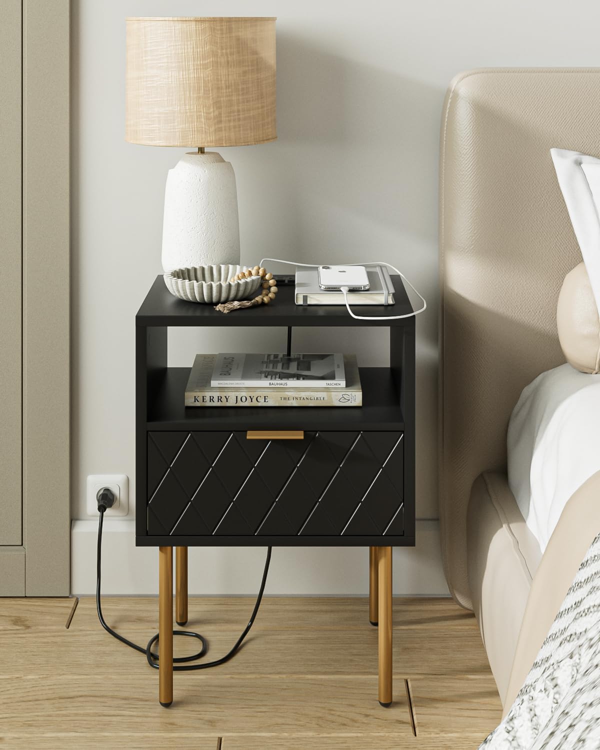 AEPOALUA Nightstand with Charging Station,Small Bedside Table with Two Drawers,Black Night Stand,End Table with Gold Frame,Bedside Furniture, Side Table for Bedroom,Living Room,Diamond