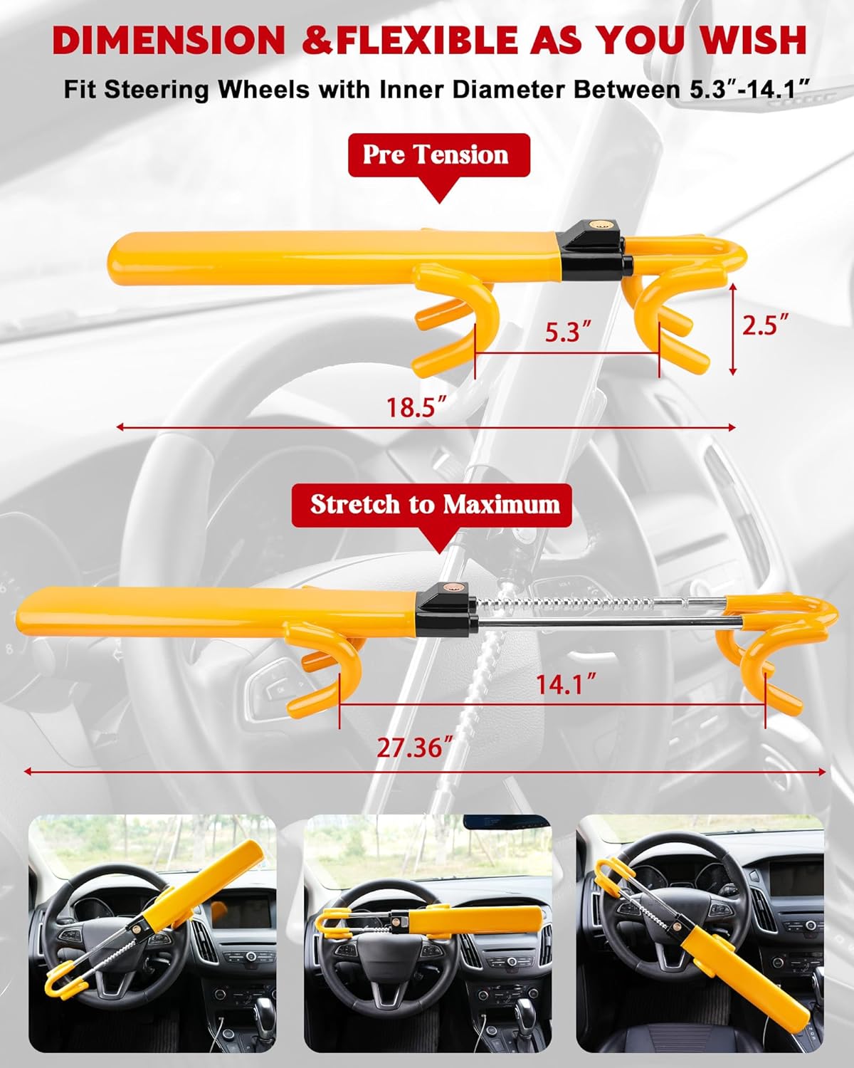 Tevlaphee Steering Wheel Lock Anti-Theft Car Device Heavy Duty Security Car Lock Antitheft Locking Devices Great Deterrent Adjustable Car Wheel Lock Anti Theft for Vehicle Truck with 3 Keys(Yellow)