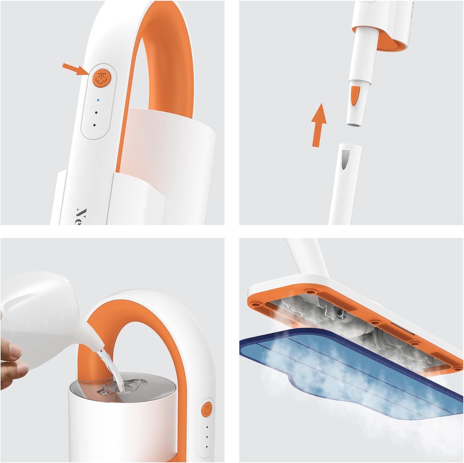 Newbealer Steam Mop & Detachable Handheld Cleaner, 250ml 1200W Powerful Floor Steamer, 3 Adjustable Levels for Hardwood Laminates Tiles Car, 7 Multi-purpose Accessories & 2 Washable Microfiber Pads