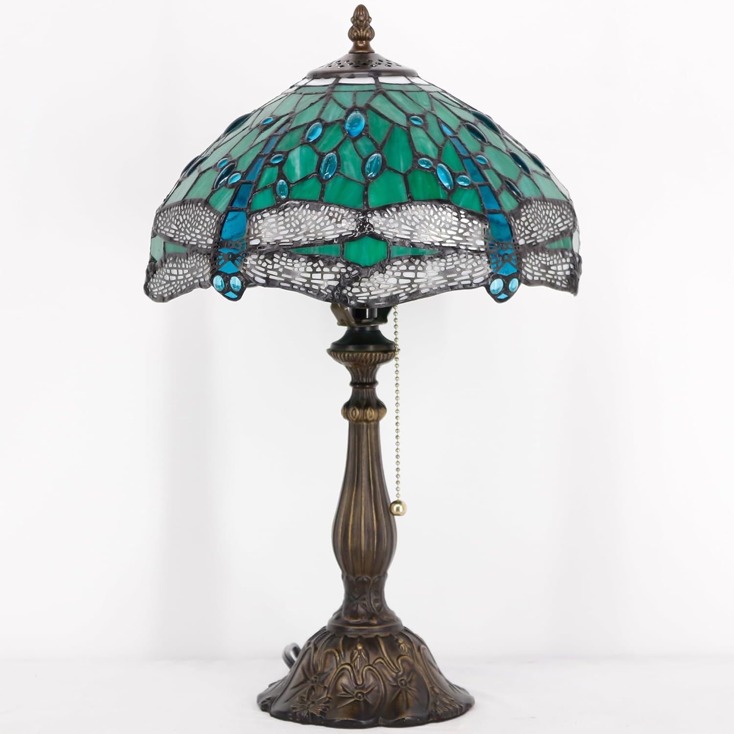 Tiffany Table Lamp Stained Glass Lamp 12X12X19 Inch Antique Reading Light (Green Dragonfly)