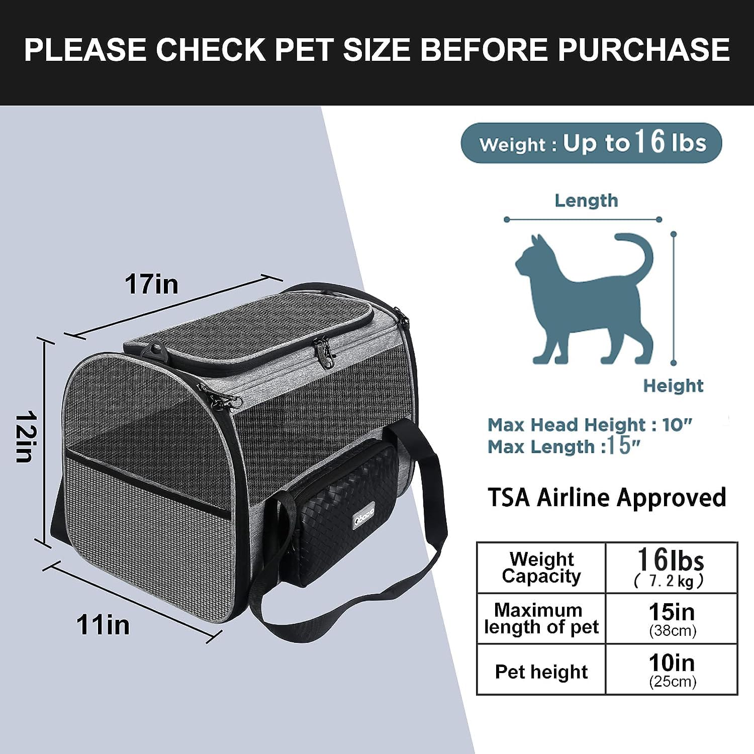 Goodio Pet Carrier TSA Airline Approved,Foldable Soft-Sided Pet Travel Carrier for Cats and Dogs Under 16 Pounds, Cat Carrier with Honeycomb HRD Bottom, Adequate Ventilation,5 Mesh Windows