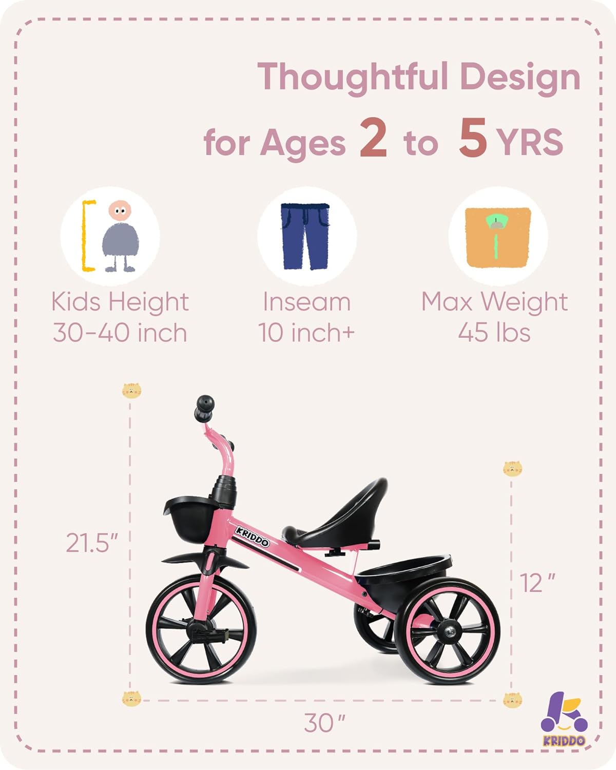 KRIDDO Kids Tricycles Age 24 Month to 4 Years, Toddler Kids Trike for 2.5 to 5 Year Old, Gift Toddler Tricycles for 2-4 Year Olds, Trikes for Toddlers, Pink